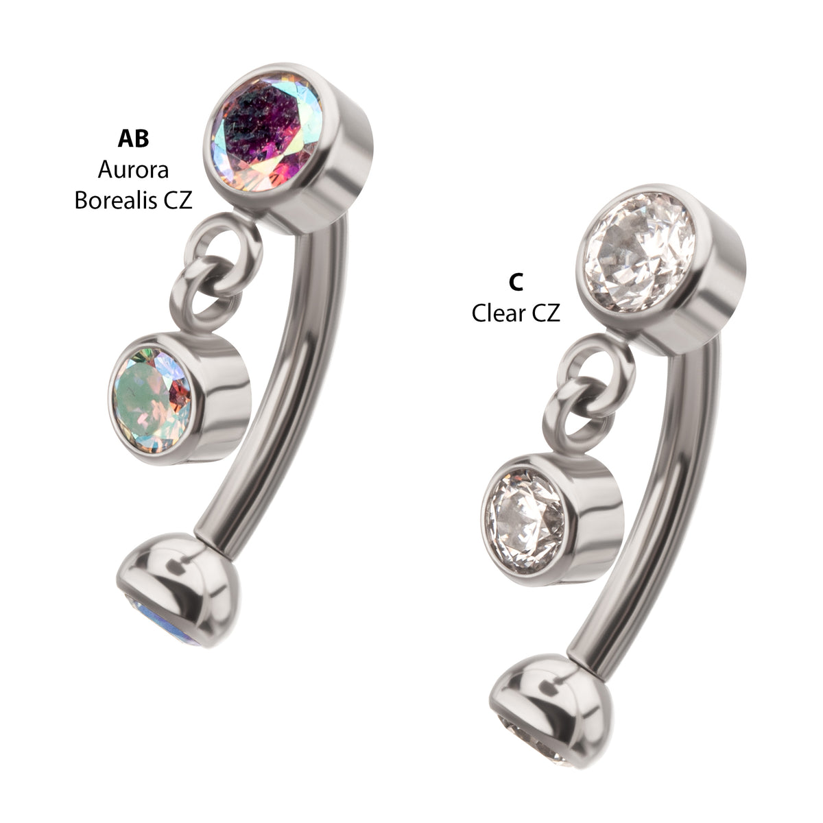 Titanium Internally Threaded Bezel Gem Fixed Top Curved Barbell with Floating Gem Dangle
