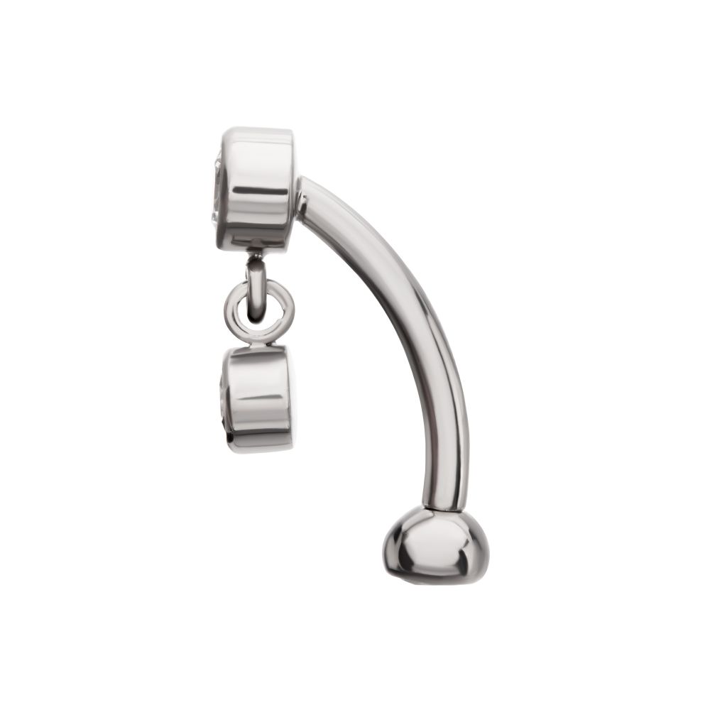Titanium Internally Threaded Bezel Gem Fixed Top Curved Barbell with Floating Round CZ Dangle