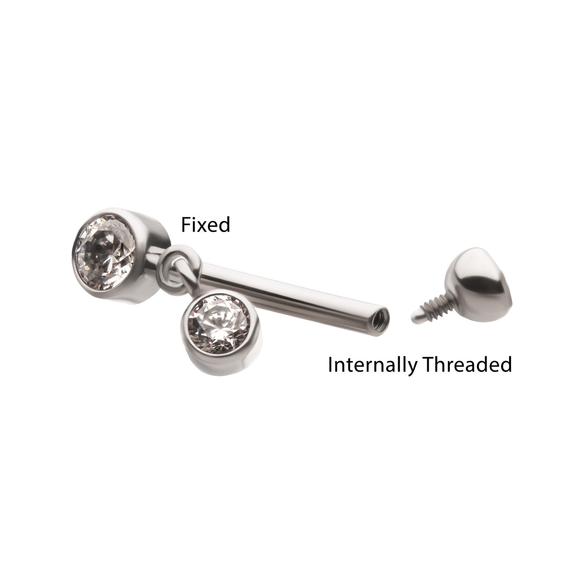 Titanium Internally Threaded Bezel Gem Fixed Top Curved Barbell with Floating Gem Dangle