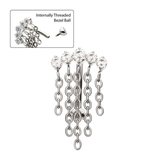 Titanium Internally Threaded 5-Cluster Prong Gem Fixed Top Curved Barbell with 5 Chain Dangle