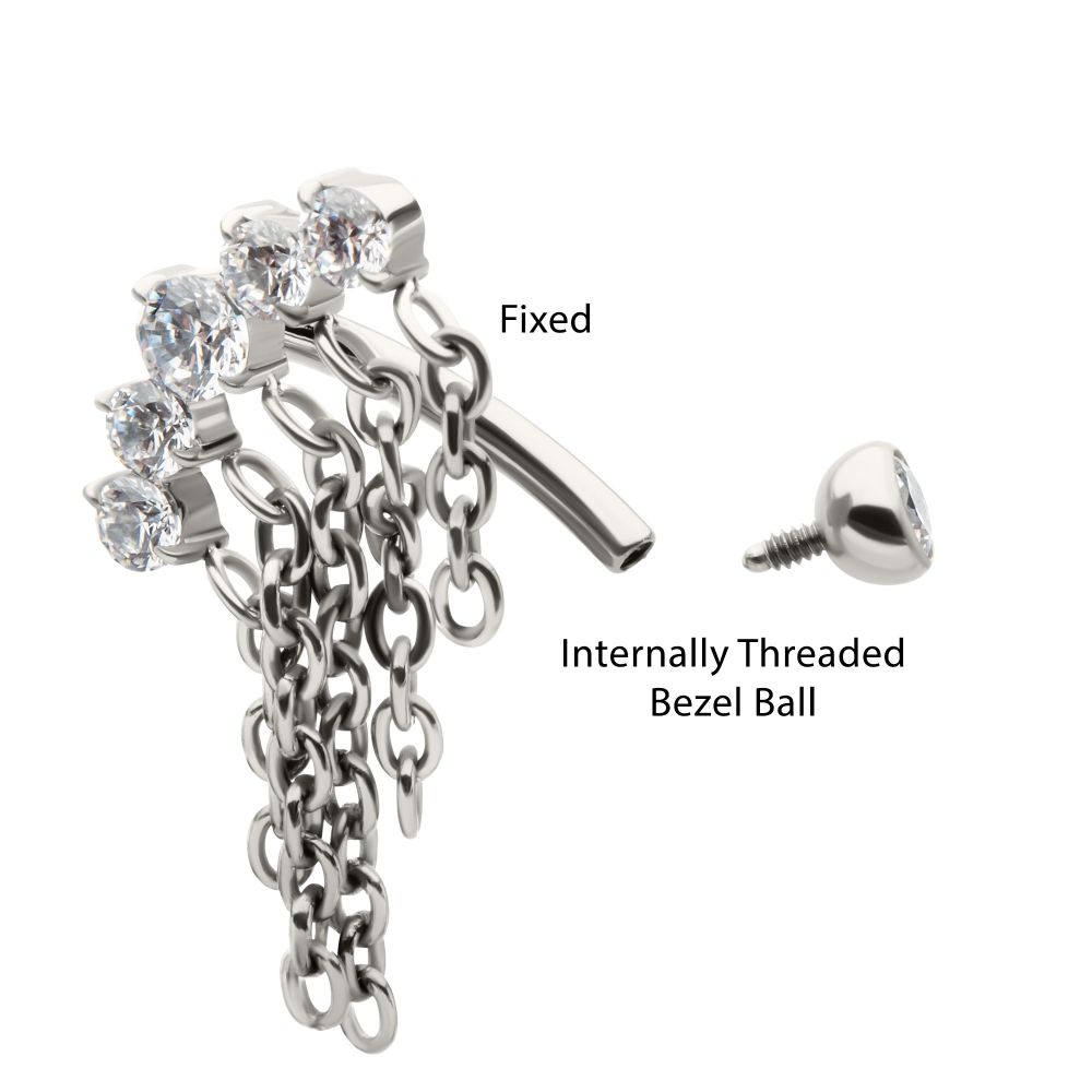 Titanium Internally Threaded 5-Cluster Prong Gem Fixed Top Curved Barbell with 5 Chain Dangle
