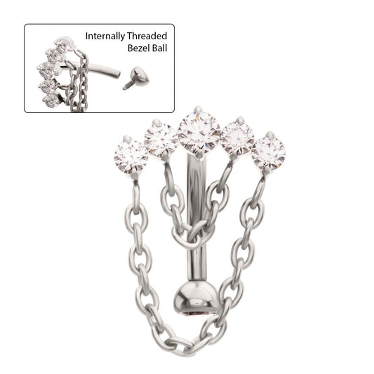Titanium Internally Threaded 5-Cluster Prong Gem Fixed Top Curved Barbell with 2 Tier Chain Dangle