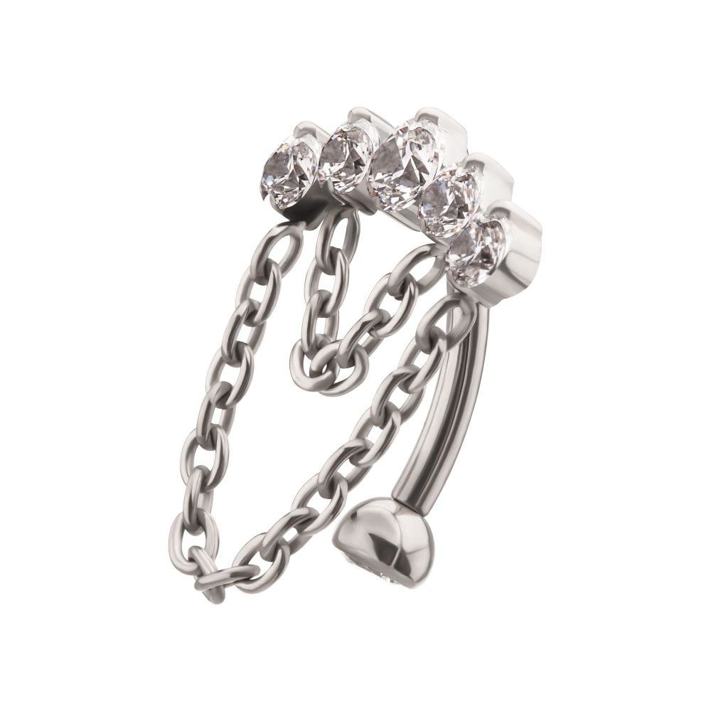 Titanium Internally Threaded 5-Cluster Prong Gem Fixed Top Curved Barbell with 2 Tier Chain Dangle