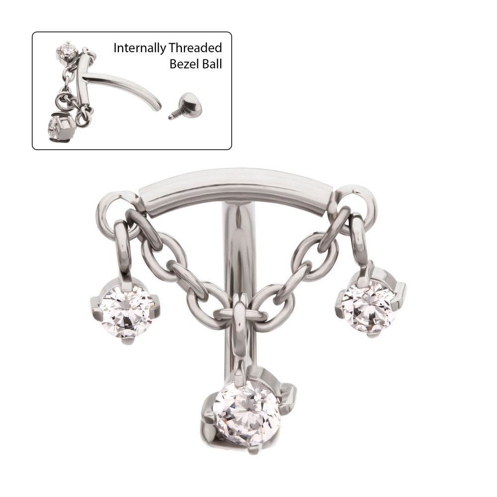 Titanium Internally Threaded Fixed Top Curved Barbell with Triple Floating Prong Gem Dangle