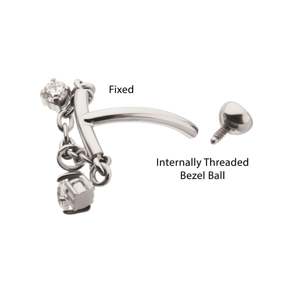 Titanium Internally Threaded Fixed Top Curved Barbell with Triple Floating Prong Gem Dangle