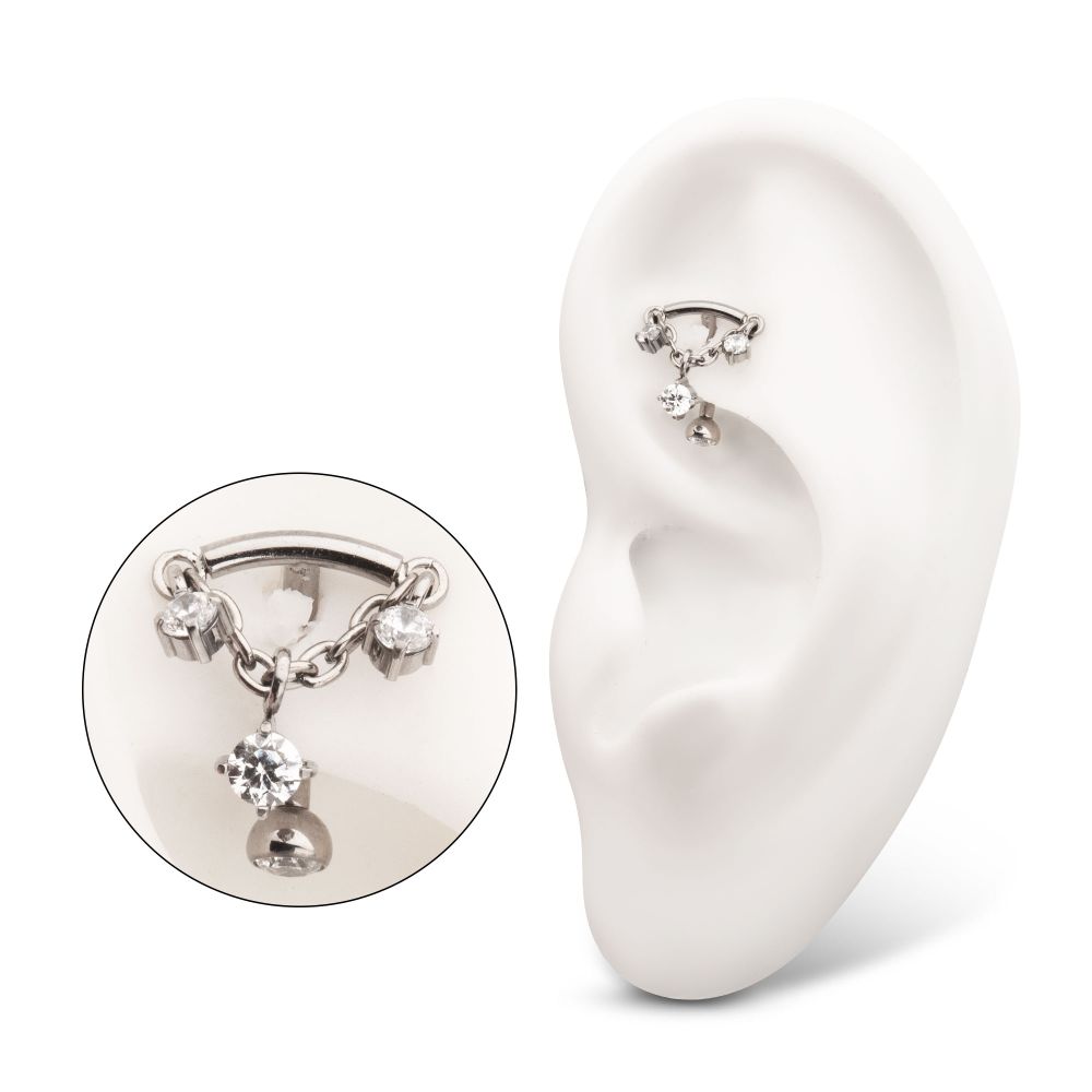 Titanium Internally Threaded Fixed Top Curved Barbell with Triple Floating Prong Gem Dangle