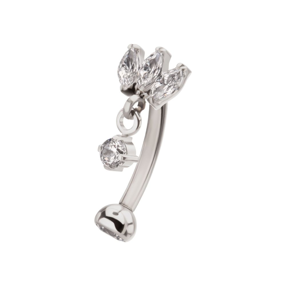 Titanium Internally Threaded V-Prong Triple Marquise Gem Fixed Top Curved Barbell with Floating Prong Gem Dangle
