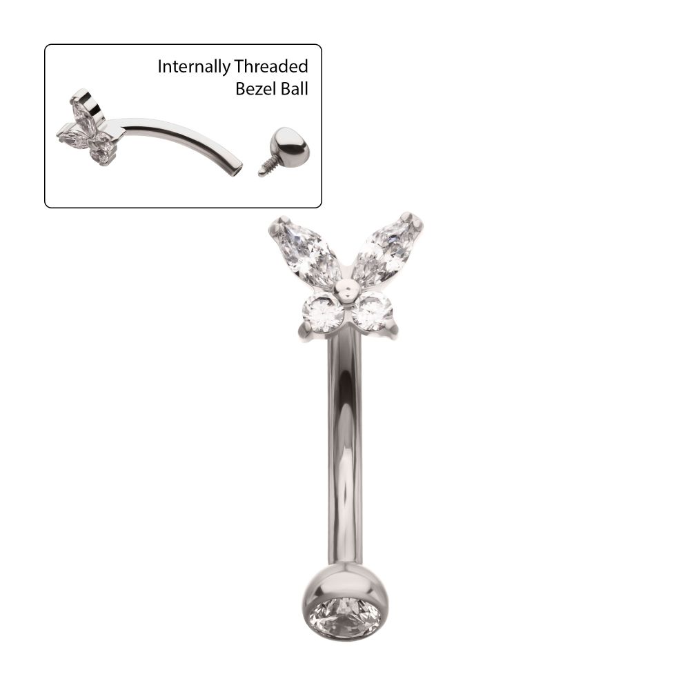 Titanium Internally Threaded Butterfly Fixed Top Curved Barbell with Prong Set Marquise & Round Gem