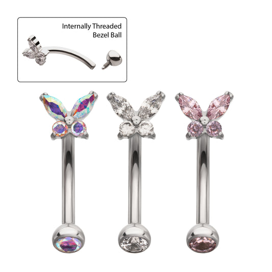 Titanium Internally Threaded Butterfly Fixed Top Curved Barbell with Prong Set Marquise & Round Gem