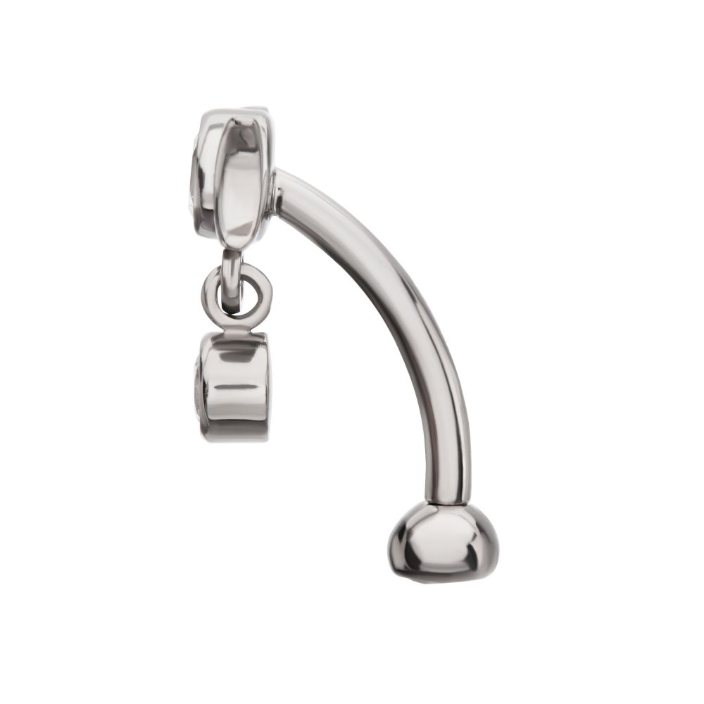 Titanium Internally Threaded Gem Triple Moon Phase Fixed Top Curved Barbell with Floating Bezel CZ Dangle