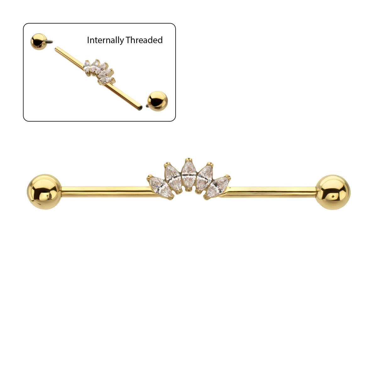 24Kt Gold PVD Titanium Internally Threaded 5 Marquise Gem Cluster with Ball End Industrial Barbell