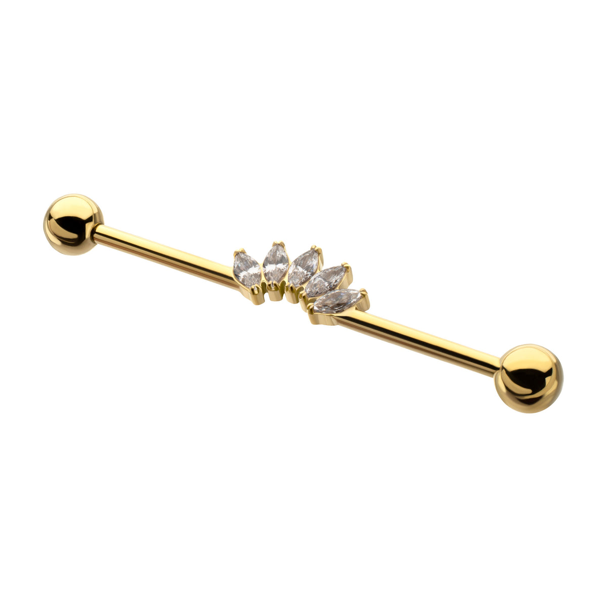 24Kt Gold PVD Titanium Internally Threaded 5 Marquise Gem Cluster with Ball End Industrial Barbell