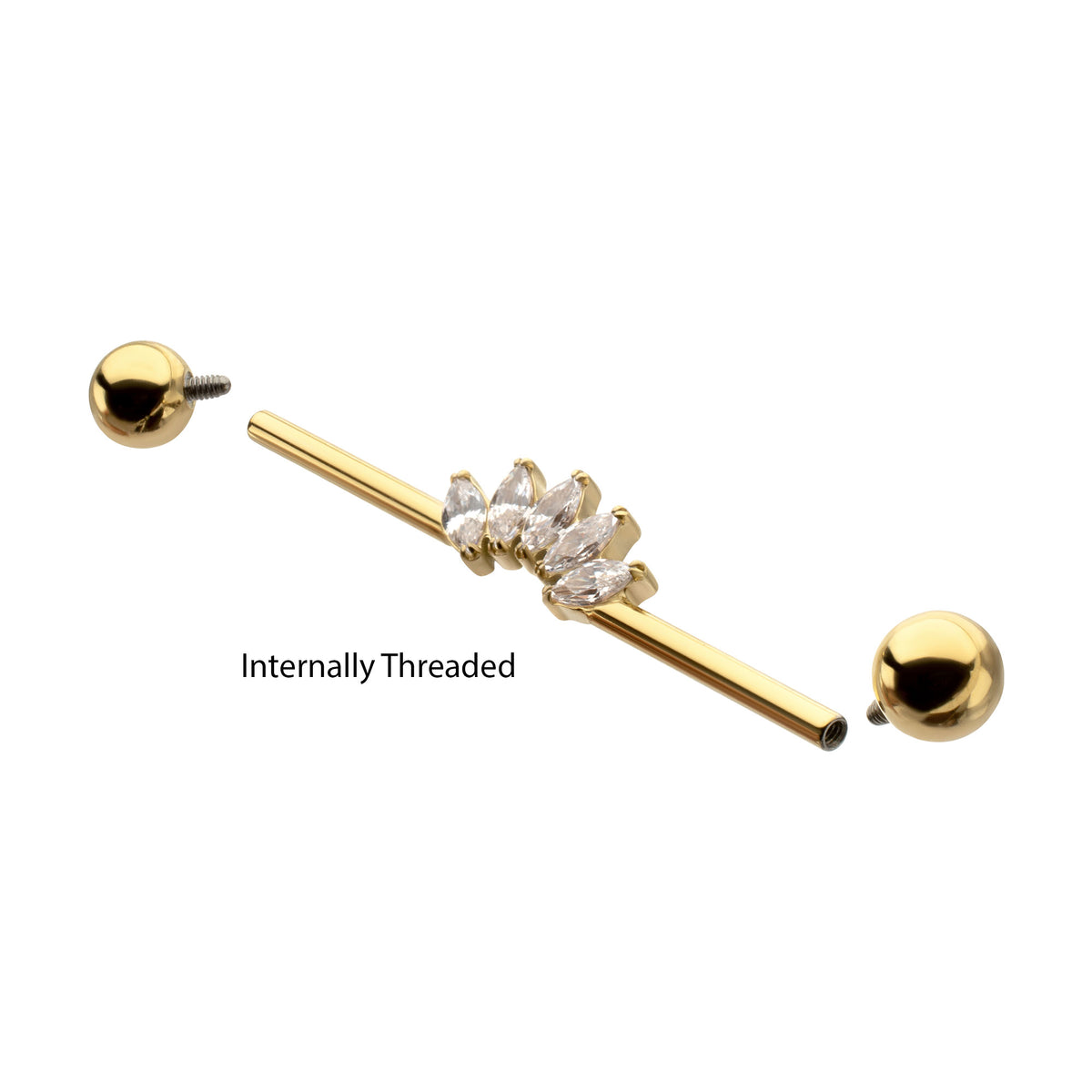 24Kt Gold PVD Titanium Internally Threaded 5 Marquise Gem Cluster with Ball End Industrial Barbell