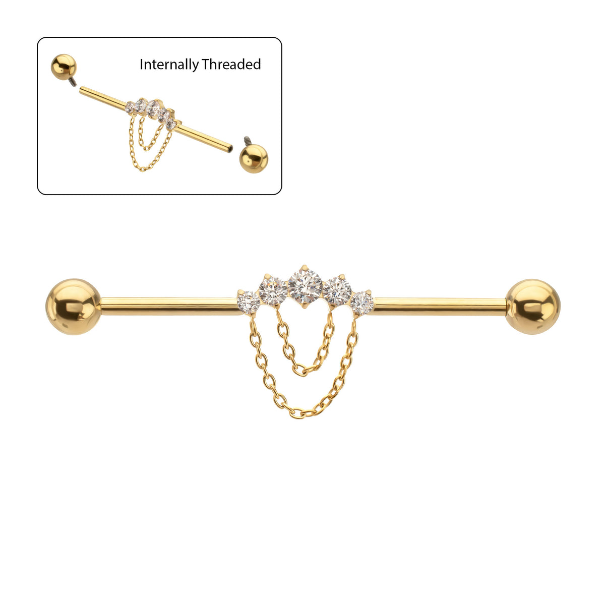 24Kt Gold PVD Titanium Internally Threaded 5 Prong Set Gem Cluster with 5 Chain Dangle & Ball End Industrial Barbell