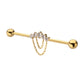 24Kt Gold PVD Titanium Internally Threaded 5 Prong Set Gem Cluster with 5 Chain Dangle & Ball End Industrial Barbell