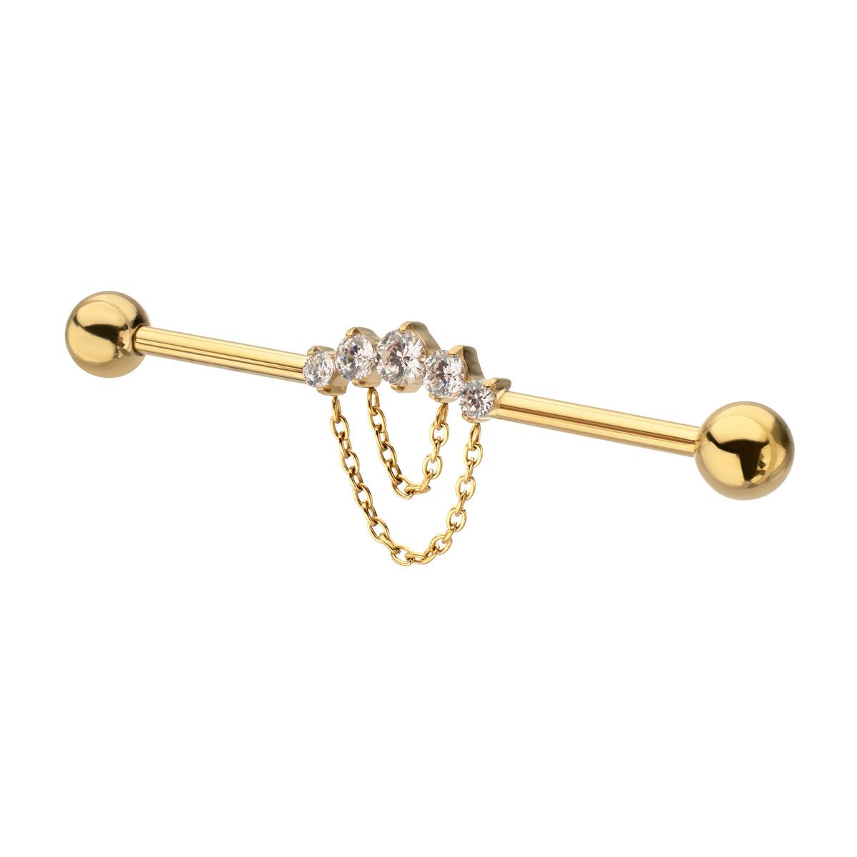 24Kt Gold PVD Titanium Internally Threaded 5 Prong Set Gem Cluster with 5 Chain Dangle & Ball End Industrial Barbell