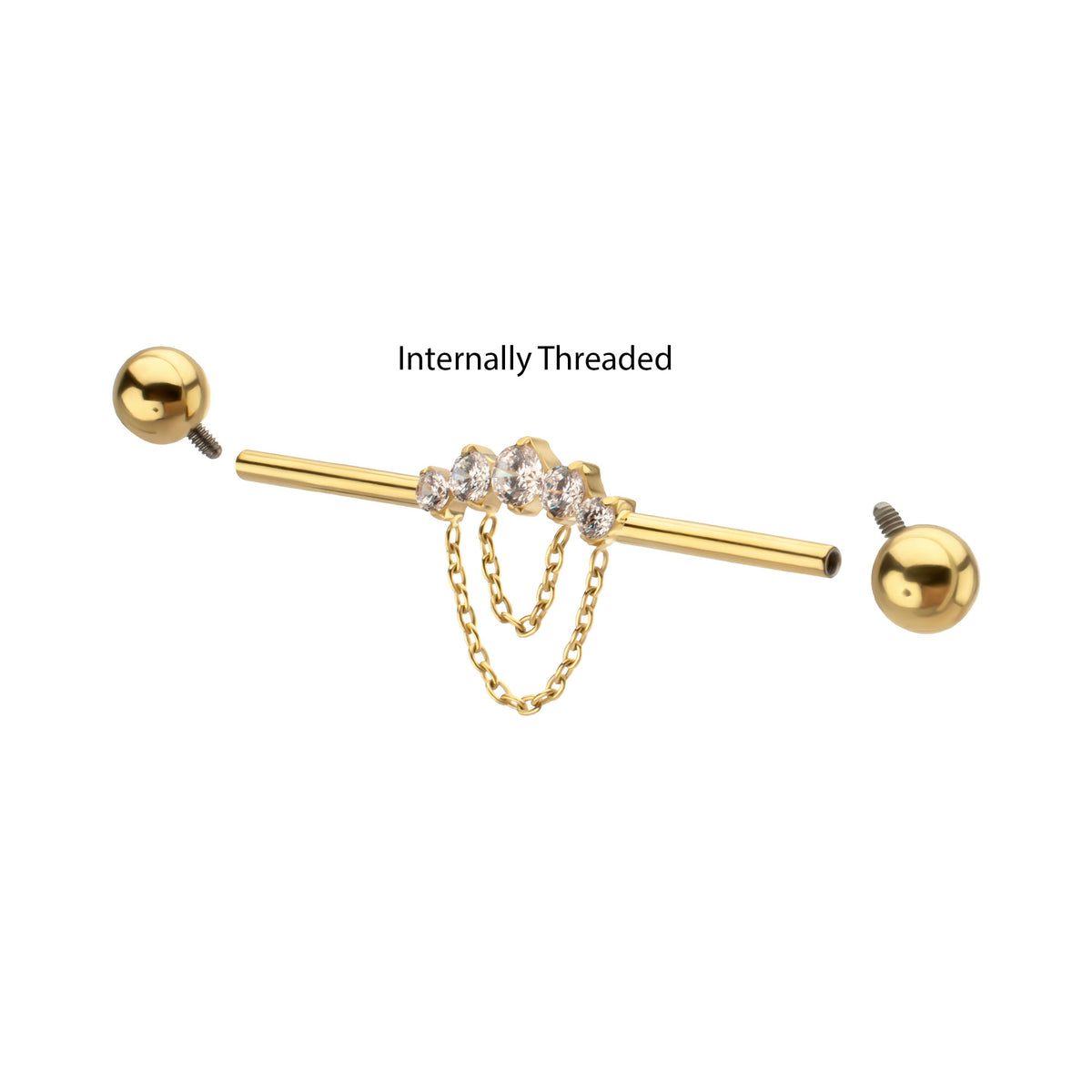 24Kt Gold PVD Titanium Internally Threaded 5 Prong Set Gem Cluster with 5 Chain Dangle & Ball End Industrial Barbell