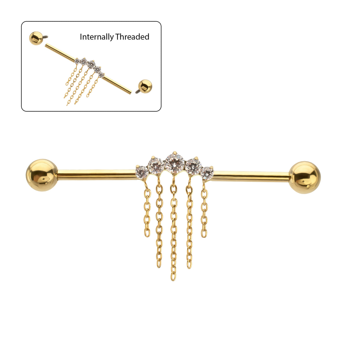 24Kt Gold PVD Titanium Internally Threaded 5 Prong Set Gem Cluster with 2-Tier Chain & Ball End Industrial Barbell