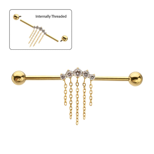24Kt Gold PVD Titanium Internally Threaded 5 Prong Set Gem Cluster with 2-Tier Chain & Ball End Industrial Barbell