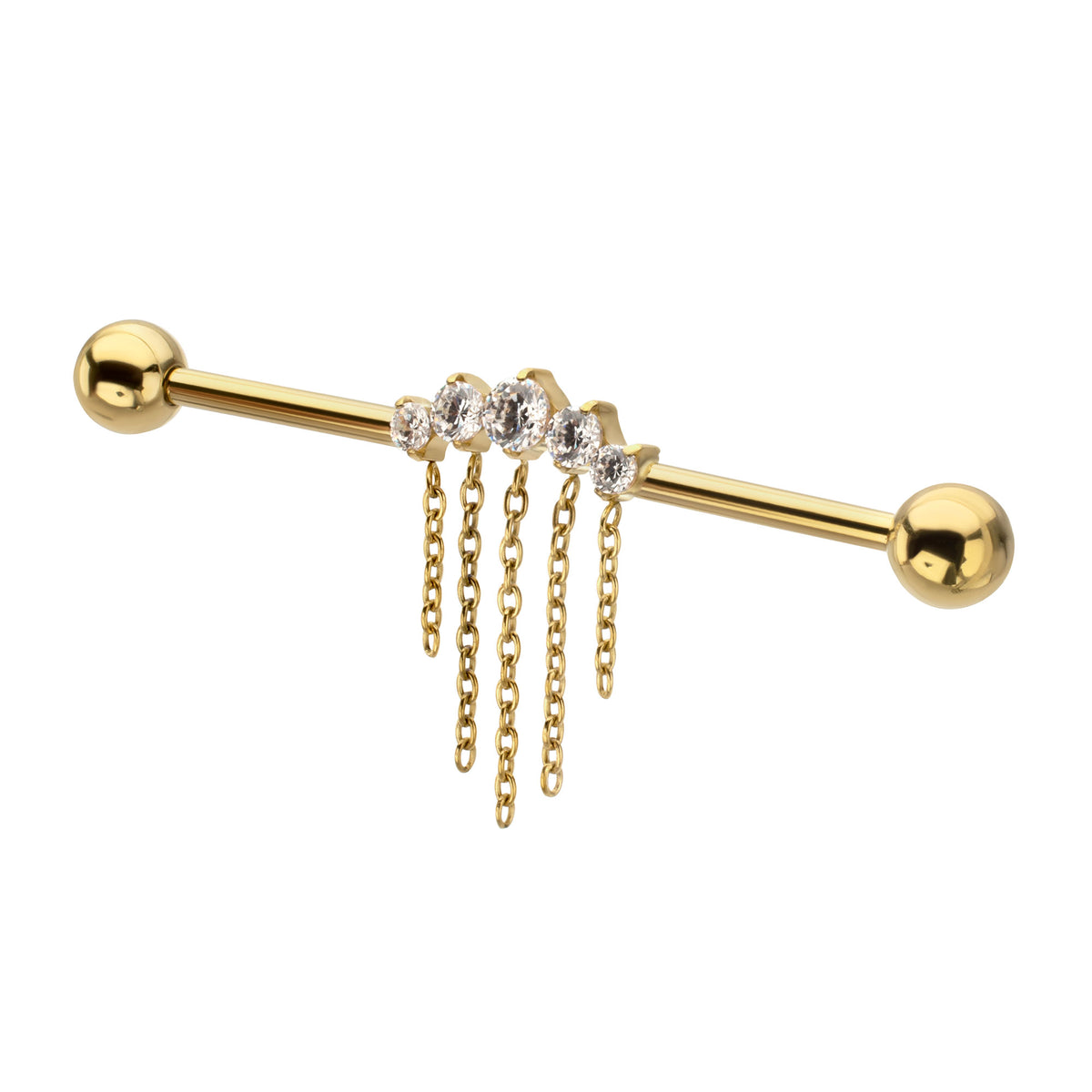 24Kt Gold PVD Titanium Internally Threaded 5 Prong Set Gem Cluster with 2-Tier Chain & Ball End Industrial Barbell