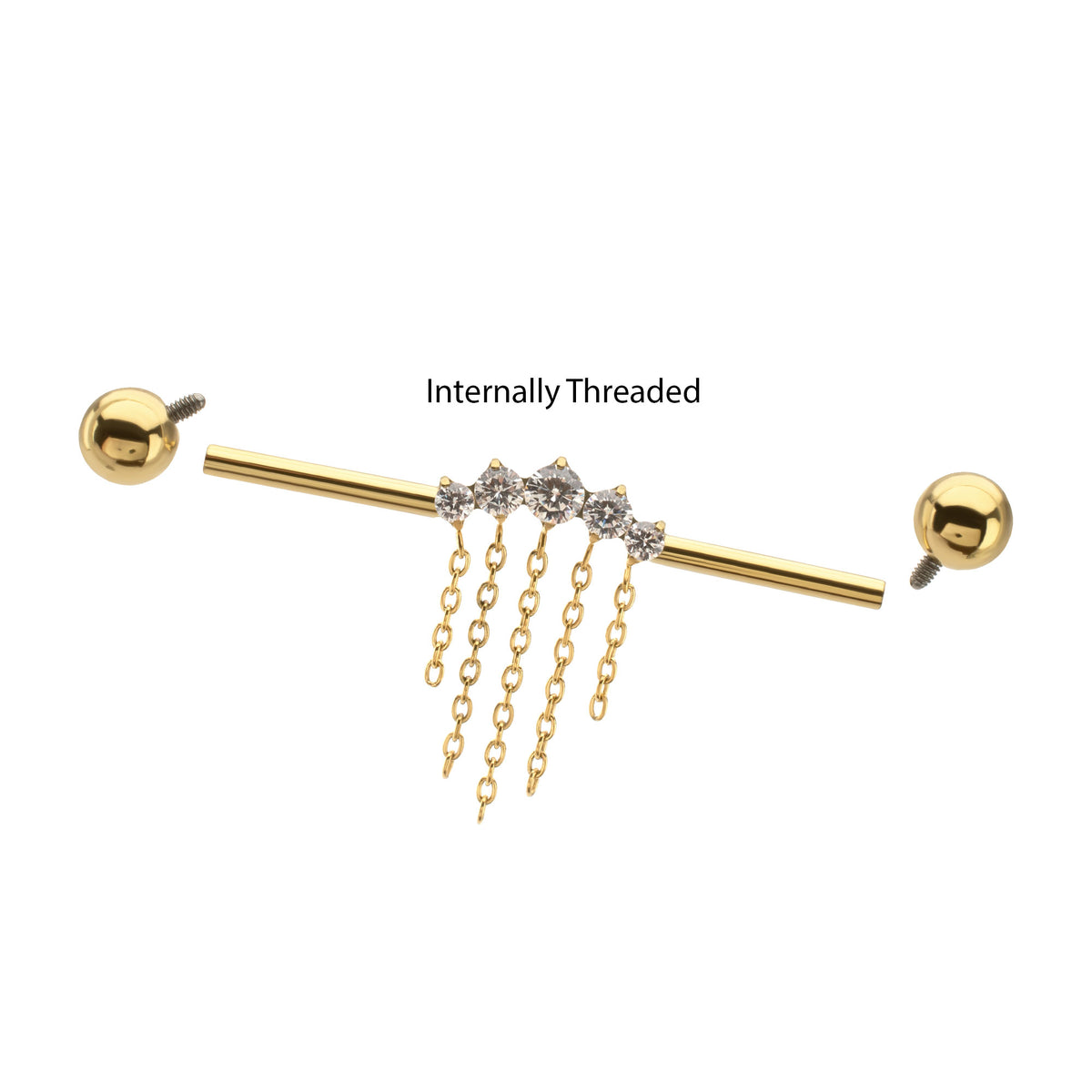 24Kt Gold PVD Titanium Internally Threaded 5 Prong Set Gem Cluster with 2-Tier Chain & Ball End Industrial Barbell