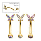 24Kt Gold PVD Titanium Internally Threaded Butterfly Fixed Top Curved Barbell with Prong Set Marquise & Round Gem