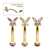 24Kt Gold PVD Titanium Internally Threaded Butterfly Fixed Top Curved Barbell with Prong Set Marquise & Round Gem