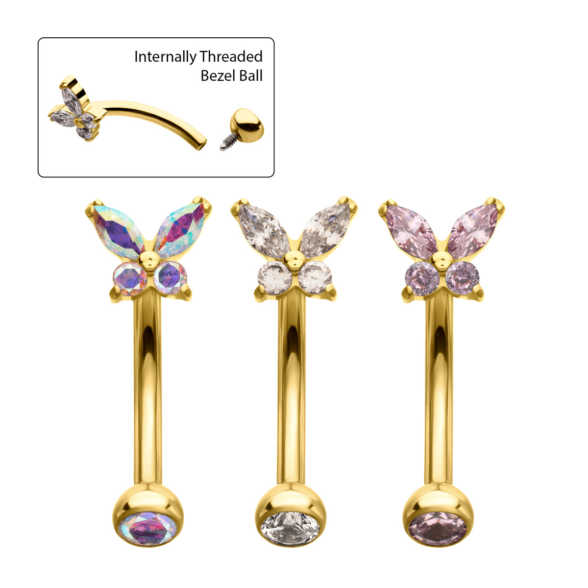 24Kt Gold PVD Titanium Internally Threaded Butterfly Fixed Top Curved Barbell with Prong Set Marquise & Round Gem