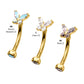 24Kt Gold PVD Titanium Internally Threaded Butterfly Fixed Top Curved Barbell with Prong Set Marquise & Round Gem