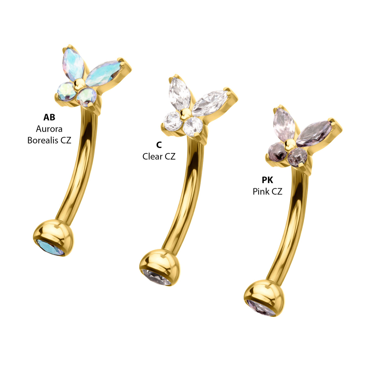 24Kt Gold PVD Titanium Internally Threaded Butterfly Fixed Top Curved Barbell with Prong Set Marquise & Round Gem