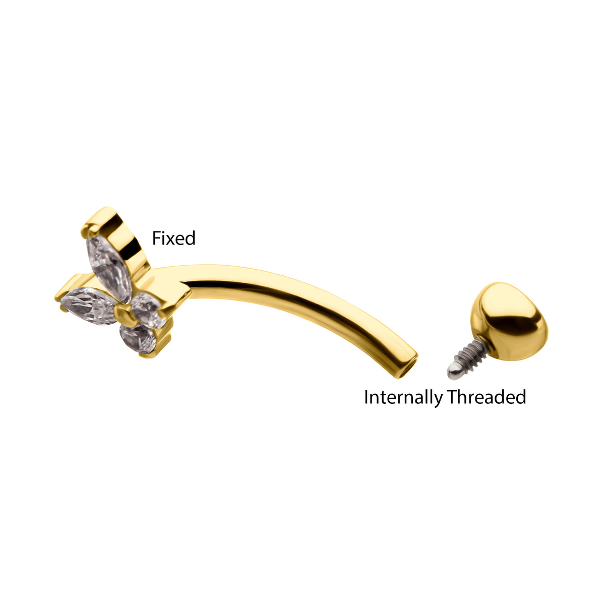 24Kt Gold PVD Titanium Internally Threaded Butterfly Fixed Top Curved Barbell with Prong Set Marquise & Round Gem