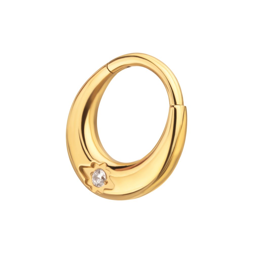 24Kt Gold PVD Titanium Etched Design with Prong Set Gem Sleek Dome Septum Front Facing Hinged Segment Clicker