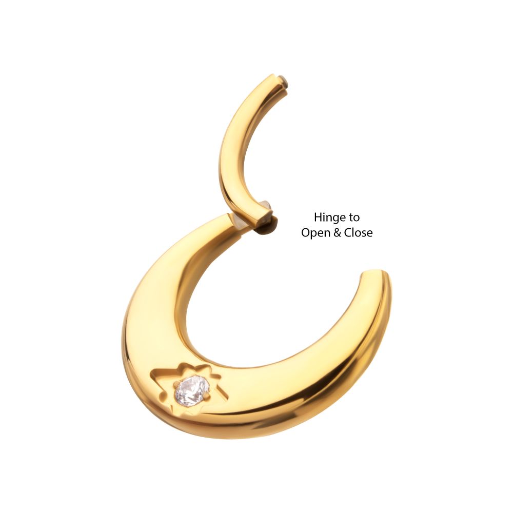 24Kt Gold PVD Titanium Etched Design with Prong Set Gem Sleek Dome Septum Front Facing Hinged Segment Clicker