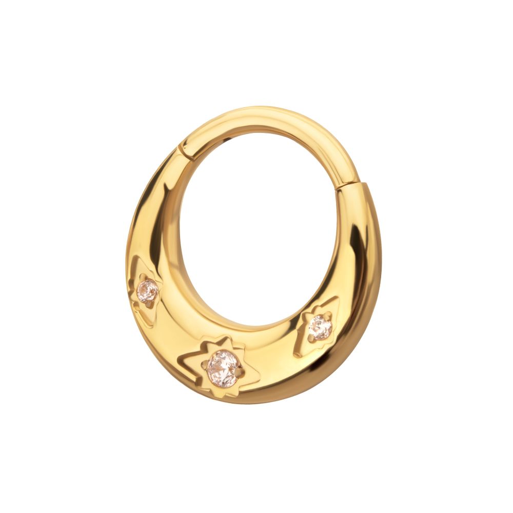 24Kt Gold PVD Titanium Triple Etched Design with Prong Set Gem Sleek Dome Septum Front Facing Hinged Segment Clicker