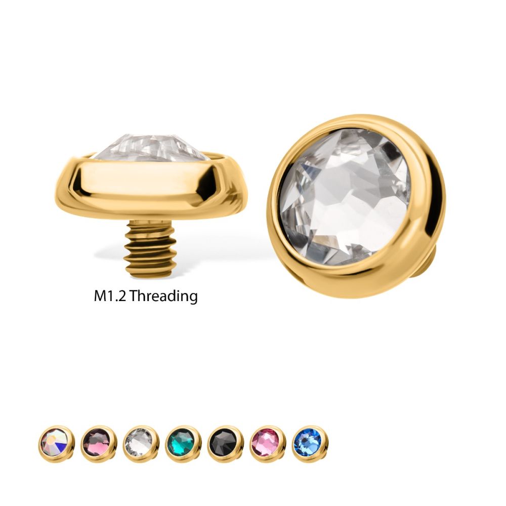 14g 24Kt Gold PVD Titanium Internally Threaded Low Profile Bezel Set Swarovski Crystal Dermal Top