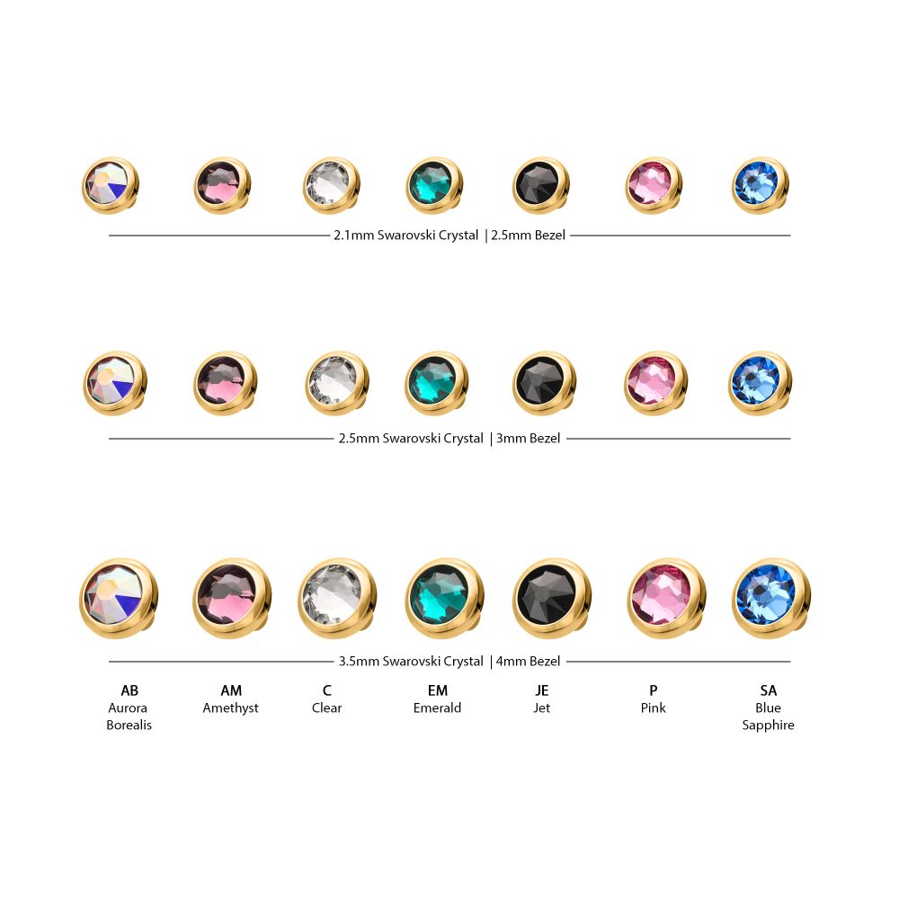 16g 24Kt Gold PVD Titanium Internally Threaded Low Profile Bezel Set Swarovski Crystal Dermal Top