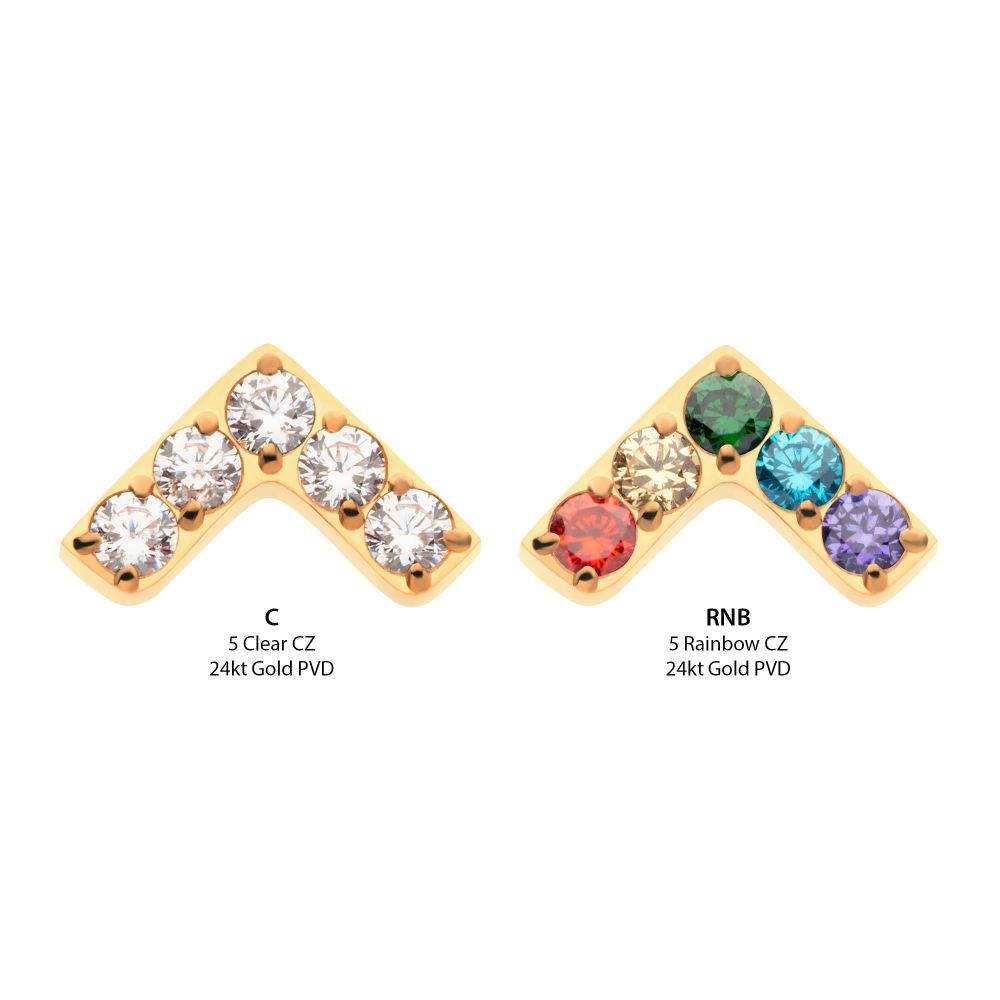 24Kt Gold PVD Titanium Internally Threaded Prong Set  5 Round CZ Chevron Shape Top