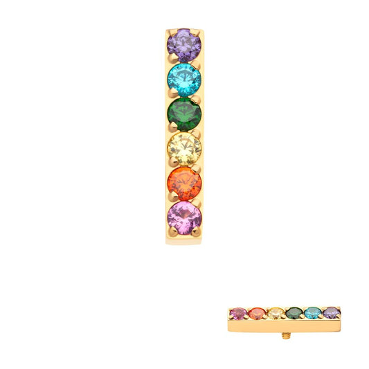 24Kt Gold PVD Titanium Internally Threaded Prong Set Rainbow CZ 6-Cluster Bar Top