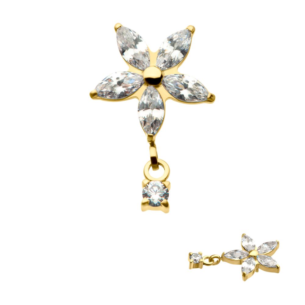 24Kt Gold PVD Titanium Internally Threaded 5 Marquise CZ Flower Shape Top with Dangle Prong Set Round CZ