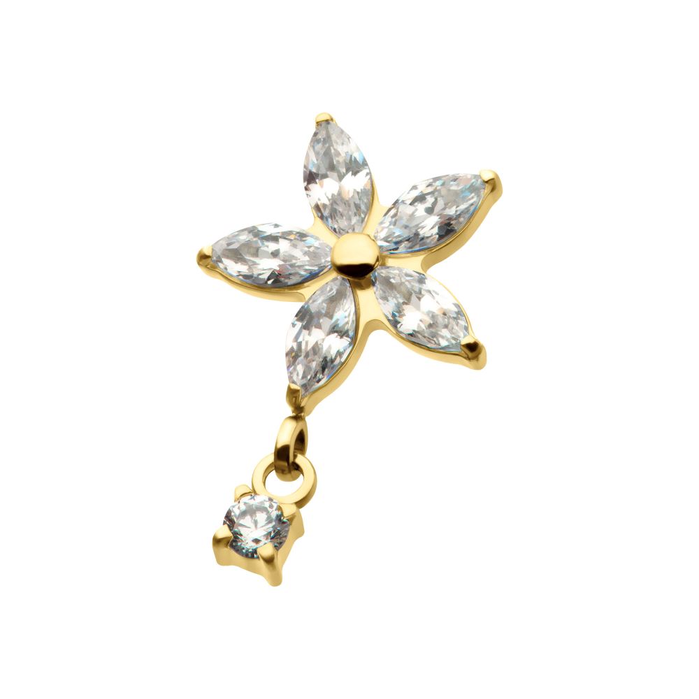 24Kt Gold PVD Titanium Internally Threaded 5 Marquise CZ Flower Shape Top with Dangle Prong Set Round CZ