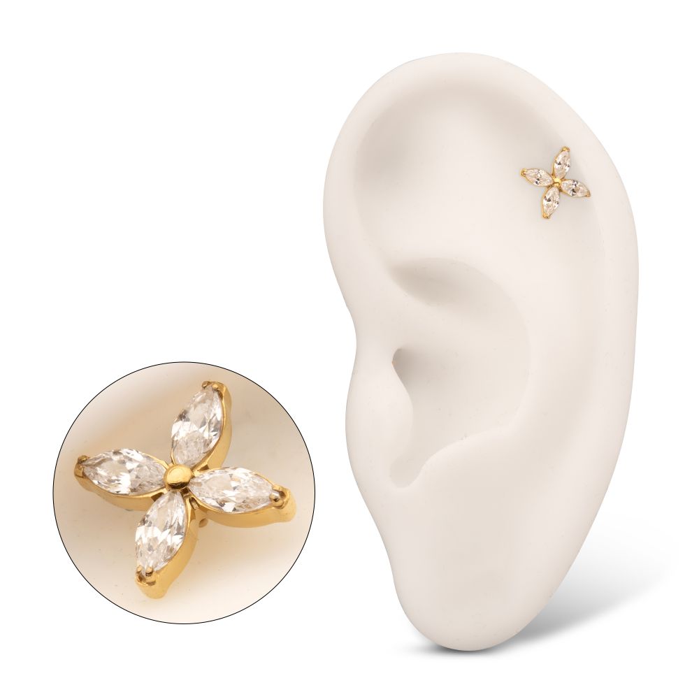 24Kt Gold PVD Titanium Internally Threaded 4-Marquise Flower Gem Top