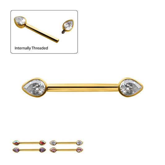 24Kt Gold PVD Titanium Bezel Set Teardrop Gem End Nipple Barbell (One Side Fixed, One Side Internally Threaded) | Sold by piece