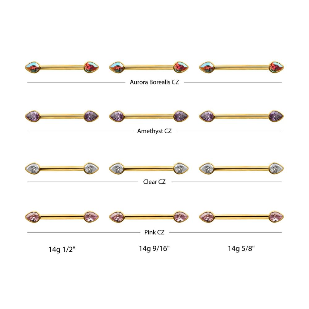 24Kt Gold PVD Titanium Bezel Set Teardrop Gem End Nipple Barbell (One Side Fixed, One Side Internally Threaded) | Sold by piece