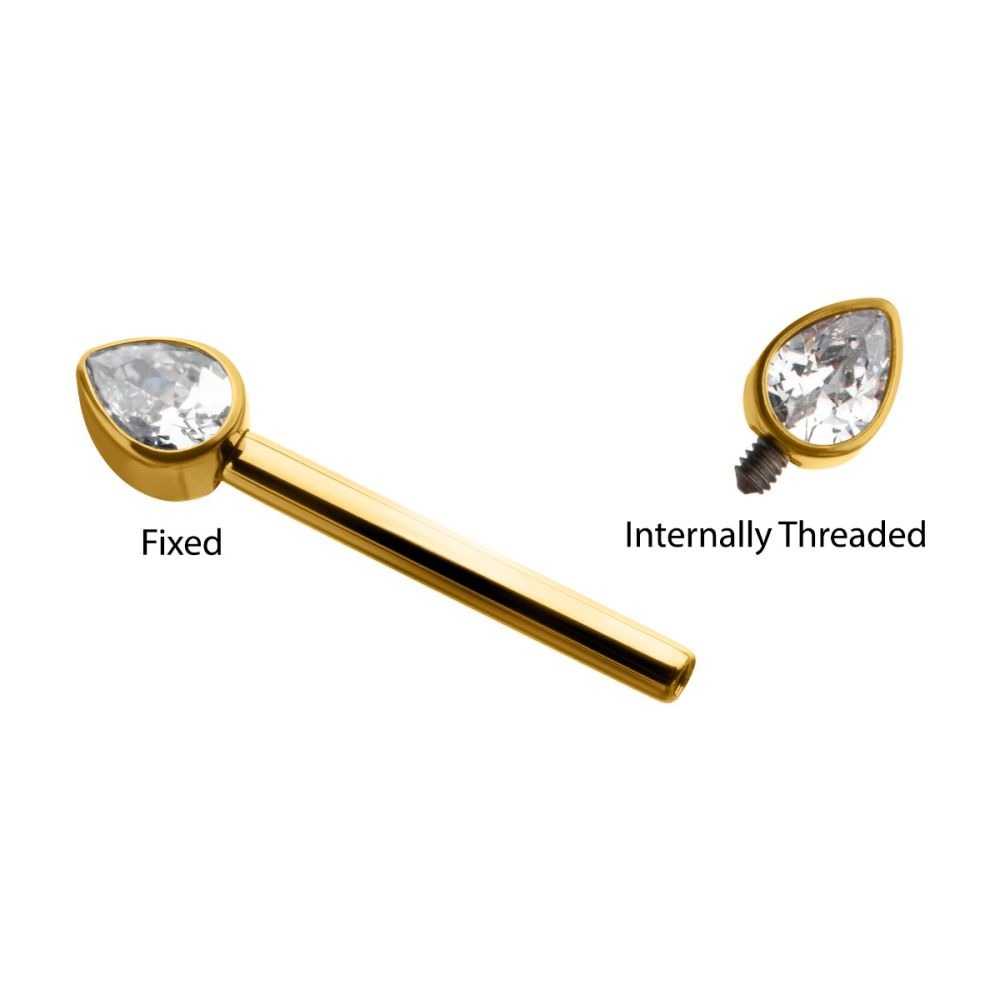 24Kt Gold PVD Titanium Bezel Set Teardrop Gem End Nipple Barbell (One Side Fixed, One Side Internally Threaded) | Sold by piece