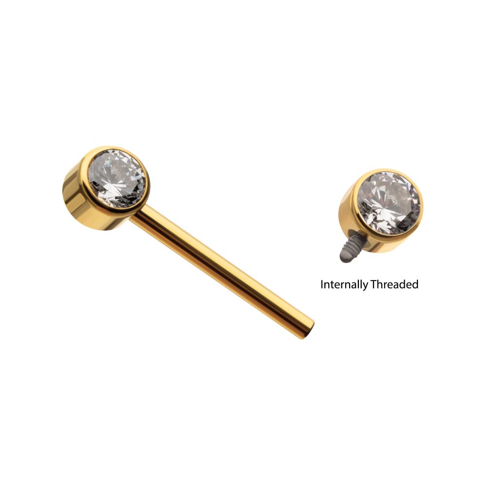 24Kt Gold PVD Titanium Internally Threaded Bezel Set Gem End Nipple Barbell (One Side Fixed, One Side Internally Threaded ) | Sold by piece