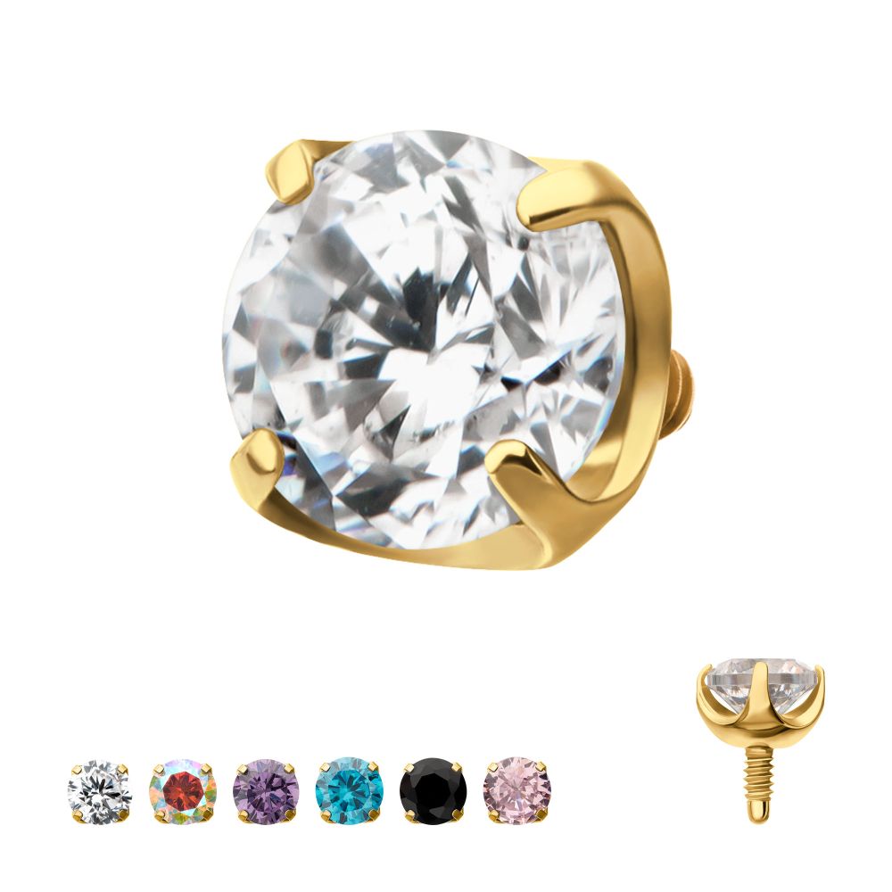 24Kt Gold PVD Titanium Internally Threaded Flat Base Low Profile 4 Prong Round Gem Top