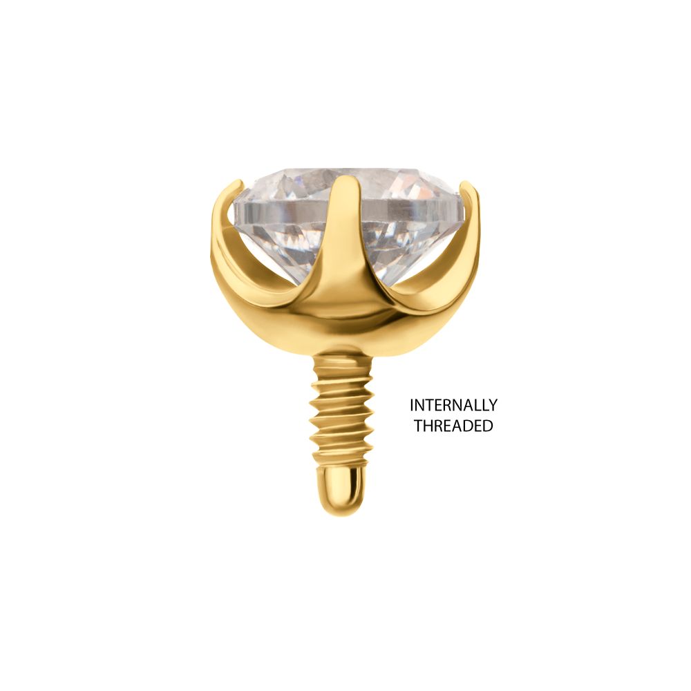 24Kt Gold PVD Titanium Internally Threaded Flat Base Low Profile 4 Prong Round Gem Top