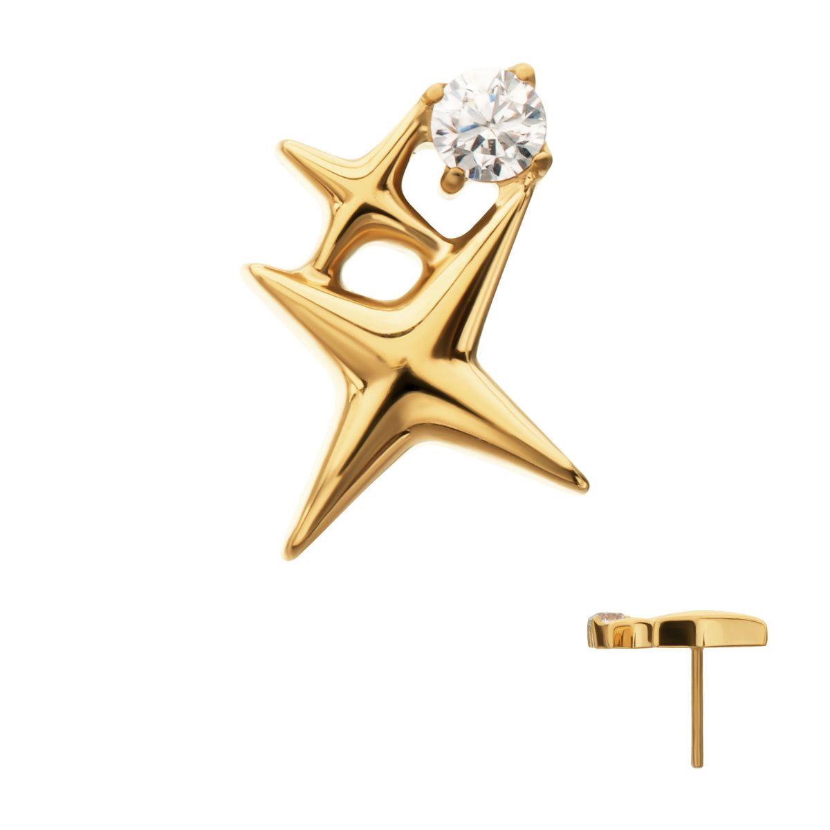 24Kt Gold PVD Titanium Threadless Double Celestial Star Top with Prong Set Gem