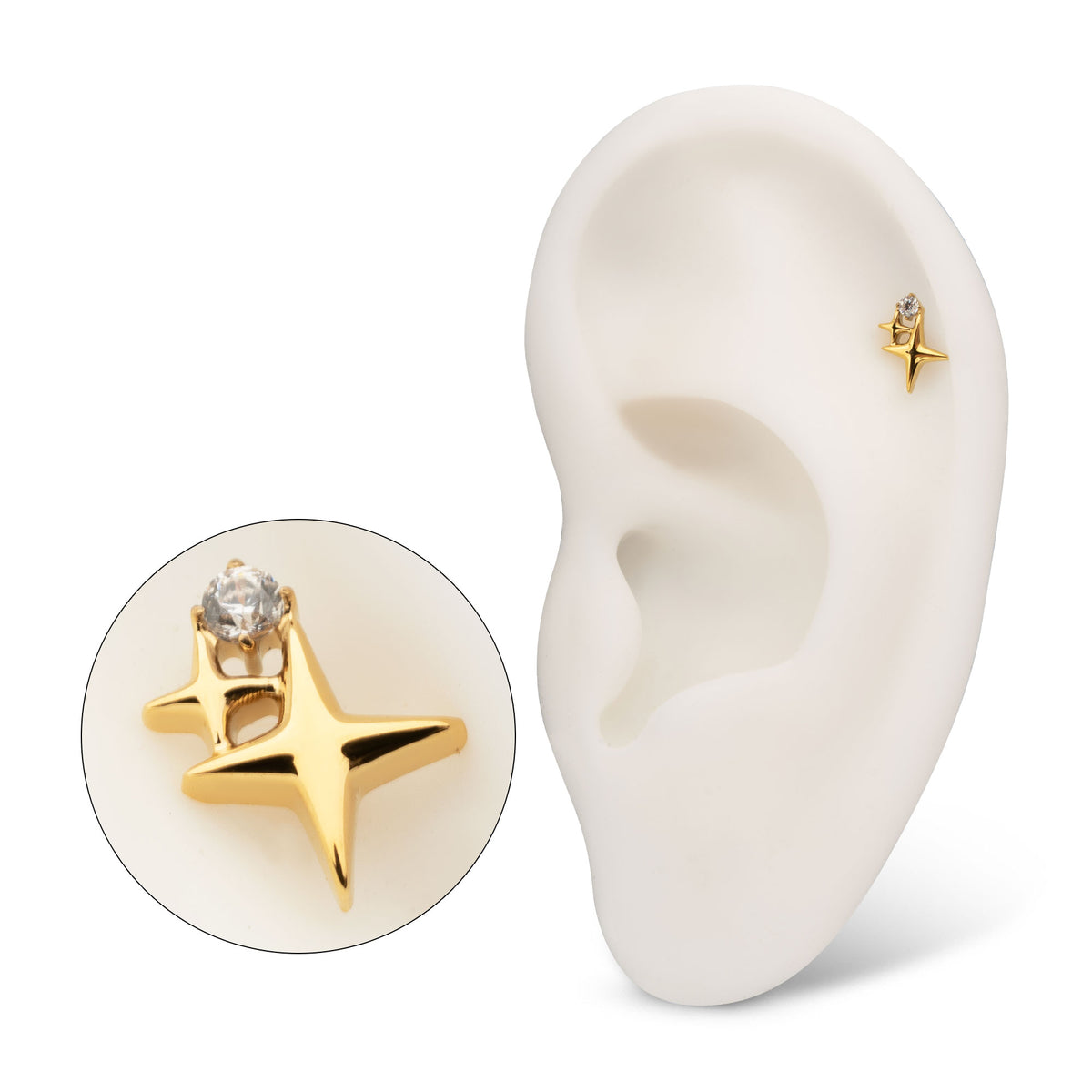 24Kt Gold PVD Titanium Threadless Double Celestial Star Top with Prong Set Gem