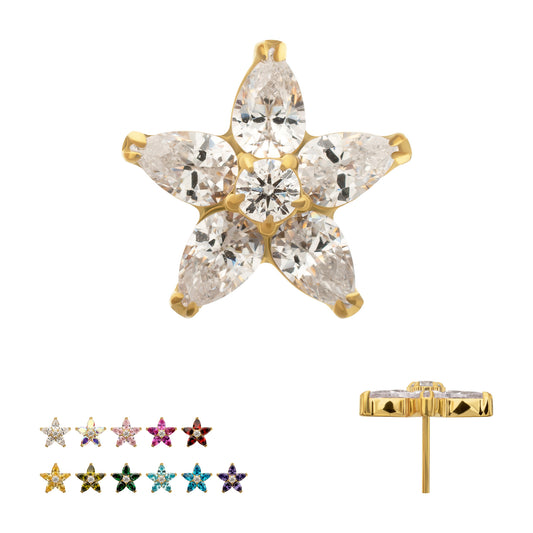 24Kt Gold PVD Titanium Threadless V-Prong Marquise Gem 5-Petal Flower Top